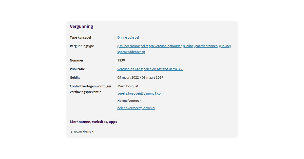 informatie over de vergunning van de kansspelautoriteit voor circus.nl