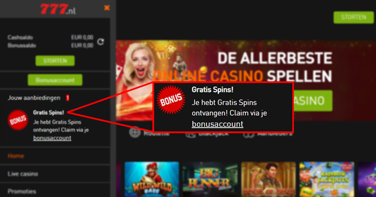 screenshot van gratis spins zonder storting aanbod 777.nl