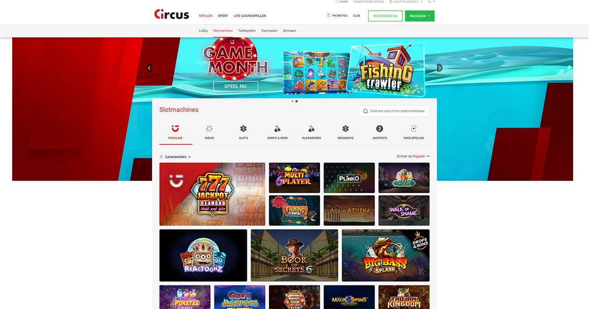 screenshot van slotmachines pagina van circus casino