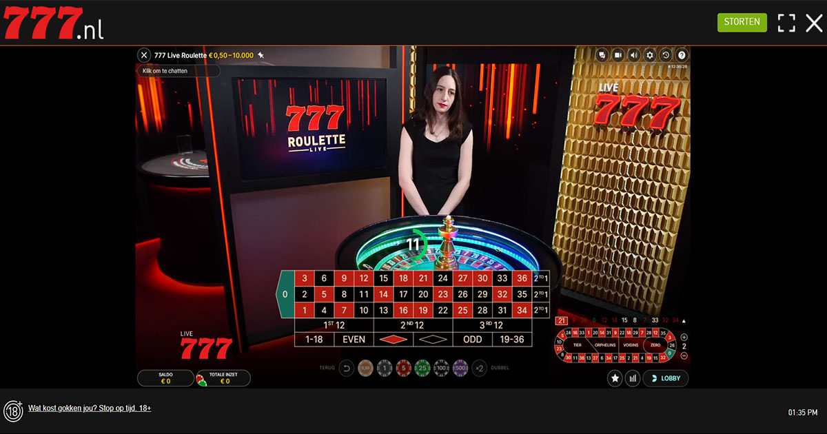 screenshot van live casino bij 777.nl